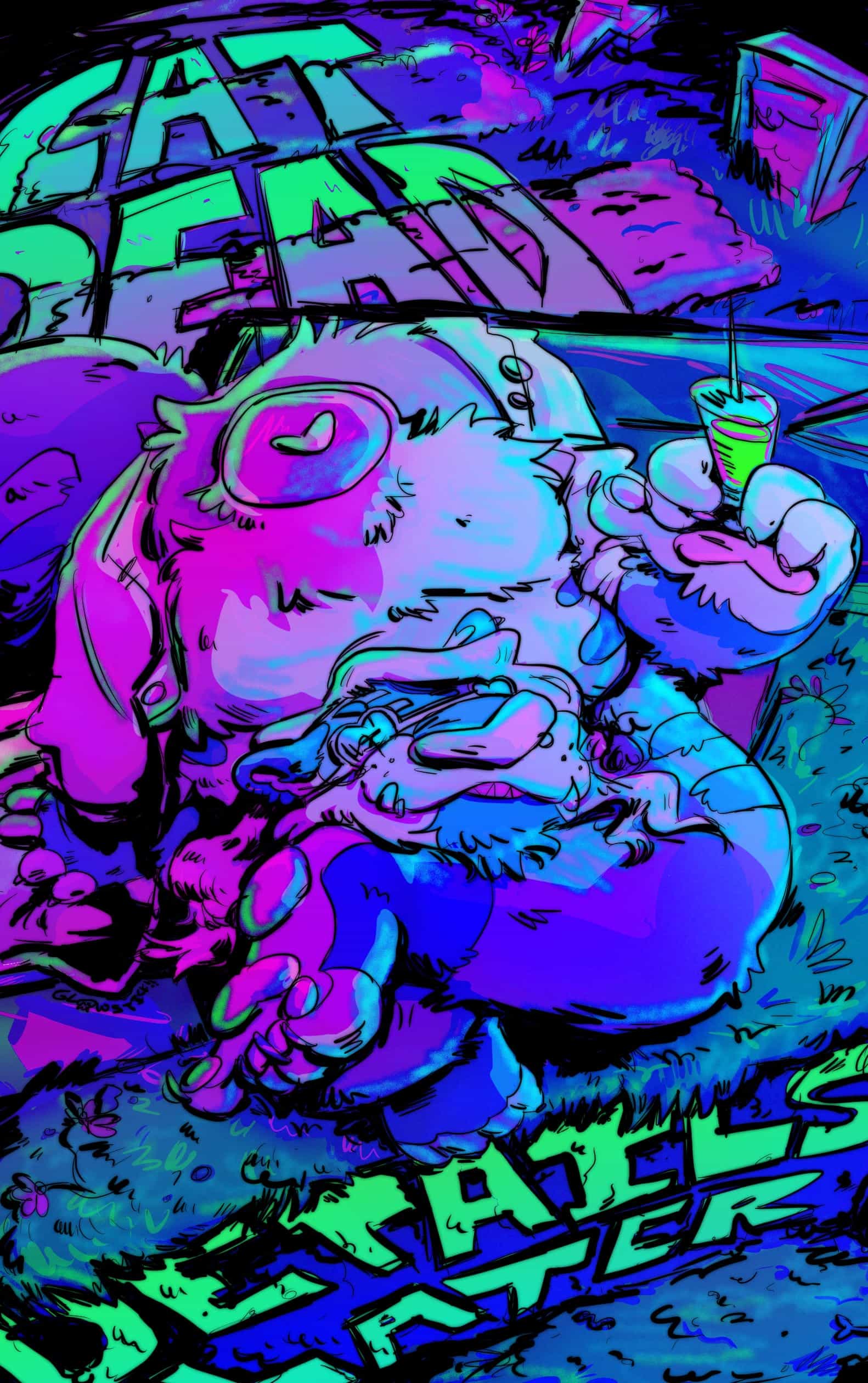 A brightly colored digital drawing of a fat purple tiger fursona wearing a labcoat and holding a green syringe. He is sitting on an open casket with one leg propped up on the other, with his decapitated smiling head in his lap. The words “Cat dead, details later” are written into the graveyard background in bright green all caps letters on the top and bottom of the frame.
